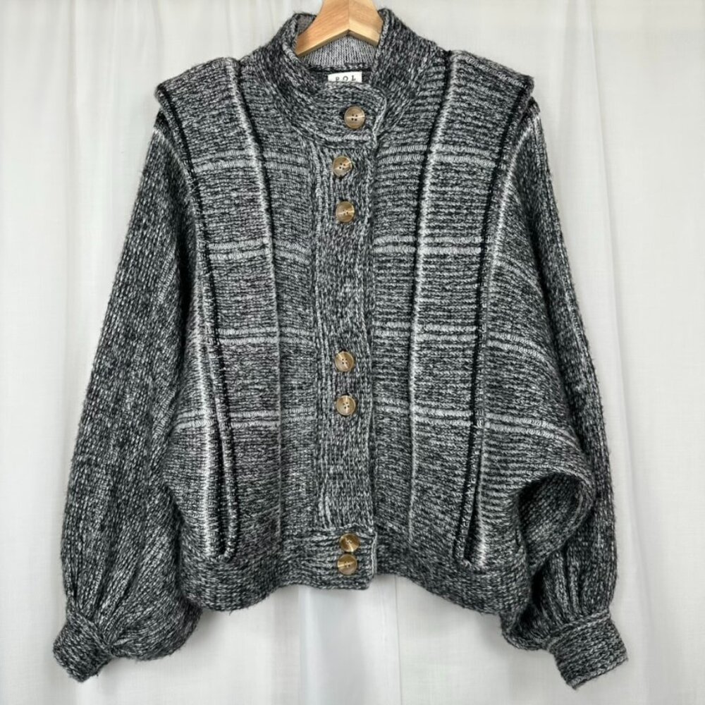 Pol Womens Button Cardigan Small Black Puff Balloon Sleeves Chunky Wool Blend